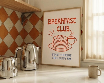 Póster de Breakfast Club: Estampado de panqueques y café, divertida decoración de pared para la cocina con temática de brunch.