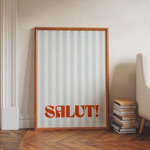 Poster Salut – Stampa di un saluto francese audace, tipografia retrò da parete con sfondo blu a strisce