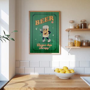 Poster "Birra più economica della terapia" - Divertente decorazione da parete retrò per bar, stampa di una pinta di cartone animato, arredamento vintage per pub e bar, cartello umoristico per birra