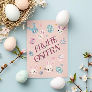 Cartão de Páscoa – Rostos de coelho e ovos em design rosa de primavera, cartão de felicitações A6 com envelope, presente fofo para crianças e família