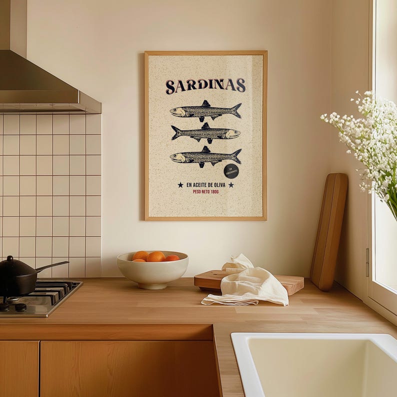 Vintage-style sardine poster with hand-drawn fish illustration, retro Spanish label typography, in aged cream, teal and rust tones.