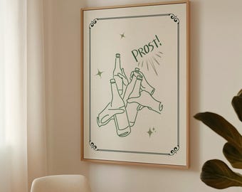 Prost Poster – Minimalist Beer Bottle Line Art Print, Vintage Kitchen Wall Decor