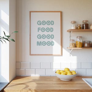Poster "Good Food Good Mood" - Arte murale retrò per cucina con tipografia a forma di cuore, stampa motivazionale allegra per sala da pranzo o bar.