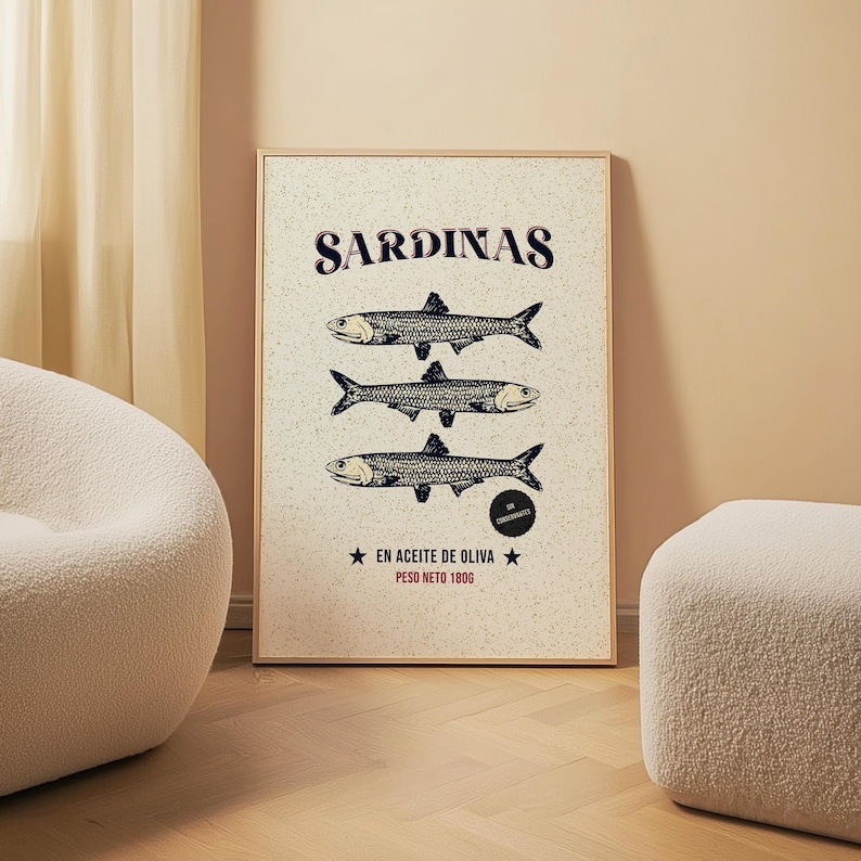 Vintage-style sardine poster with hand-drawn fish illustration, retro Spanish label typography, in aged cream, teal and rust tones.