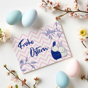 Cartão de Feliz Páscoa – Coelhinhos com Design em Zigue-zague, Cartão de Saudações de Primavera Rosa Pastel com Envelope, Formato A6, Presente Bonito para Ela ou Família