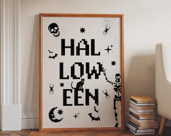 8-Bit Halloween Poster – Black & White Pixel Wall Art, Retro Spooky Decor