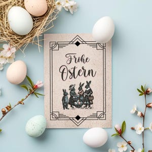 Paaskaart – vintage familieillustratie konijntje in retrostijl, A6-wenskaart met envelop, nostalgisch kerstcadeau