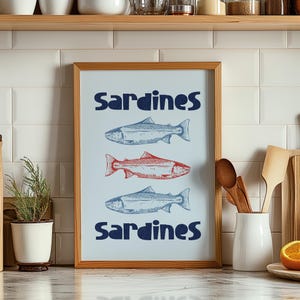 Sardines Poster – Red and Blue Fish Illustration, Vintage Coastal Kitchen Wall Art