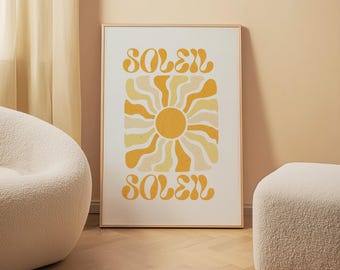 Retro Sun Wall Art – French Print | Abstract Yellow & Cream Boho Summer Decor