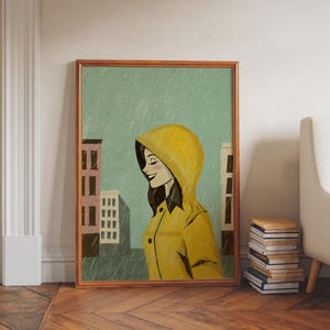 Regentag Poster – Vintage Wandbild mit Frau im gelben Regenmantel, Ruhige Stadtszene für Flur oder Schlafzimmer