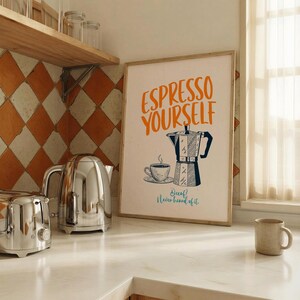 Affiche « Espresso Yourself » – Citation humoristique sur le café, affiche de cuisine avec cafetière italienne