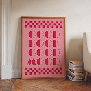 Poster "Good Book Good Mood" - Stampa tipografica rosa e rosso acceso, moderna arte murale per gli amanti dei libri, decorazione per angolo lettura