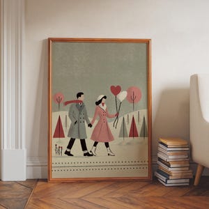 Póster de pareja romántica: arte mural vintage de invierno de mediados de siglo con globos de corazón, una acogedora impresión de amor para decorar el dormitorio o la entrada.