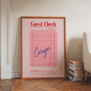 Poster Cringe Guest Check - Divertente arte murale di ispirazione retrò, stampa di ricevuta rosa da ristorante, arredamento per la generazione Z, tipografia ironica
