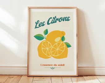 Vintage Lemon Poster – French Typography Print, Citrus Kitchen Wall Art