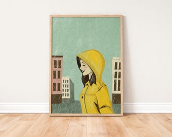 Poster „Rainy Day Woman“ – Vintage-Wanddekoration mit gelbem Regenmantel, Druck mit urbaner Szenerie