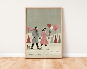 Romantisches Paar-Poster – Wanddekoration im Midcentury-Stil mit Herzballons, gemütlicher Liebesdruck