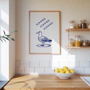 Arte mural de gaviotas: divertido póster minimalista para cocina, impresión de comida playera, decoración costera alemana, regalo para amantes de las patatas fritas, arte de línea azul