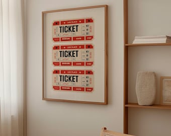 Cinema Ticket Poster – Vintage Movie Night Wall Art in Red, Retro Film Print