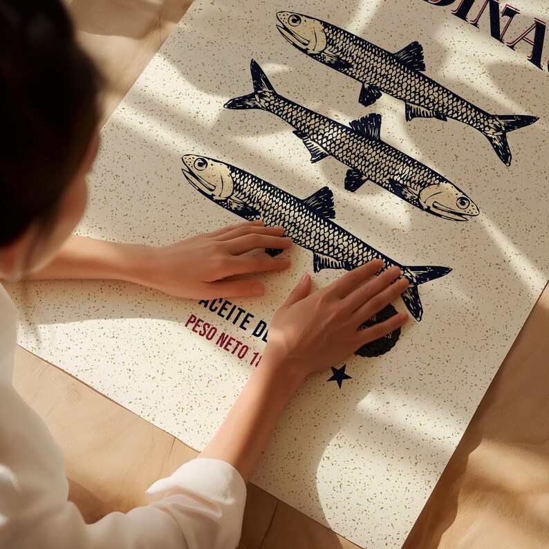 Vintage-style sardine poster with hand-drawn fish illustration, retro Spanish label typography, in aged cream, teal and rust tones.
