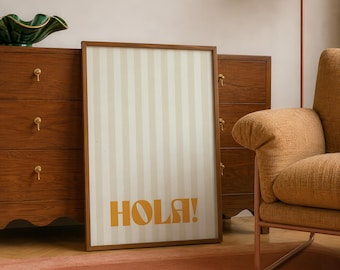 Hola Typography Poster – Minimalist Greeting Print | Retro Striped Wall Art