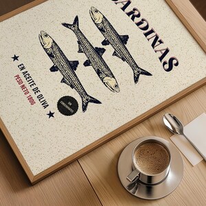 Vintage-style sardine poster with hand-drawn fish illustration, retro Spanish label typography, in aged cream, teal and rust tones.