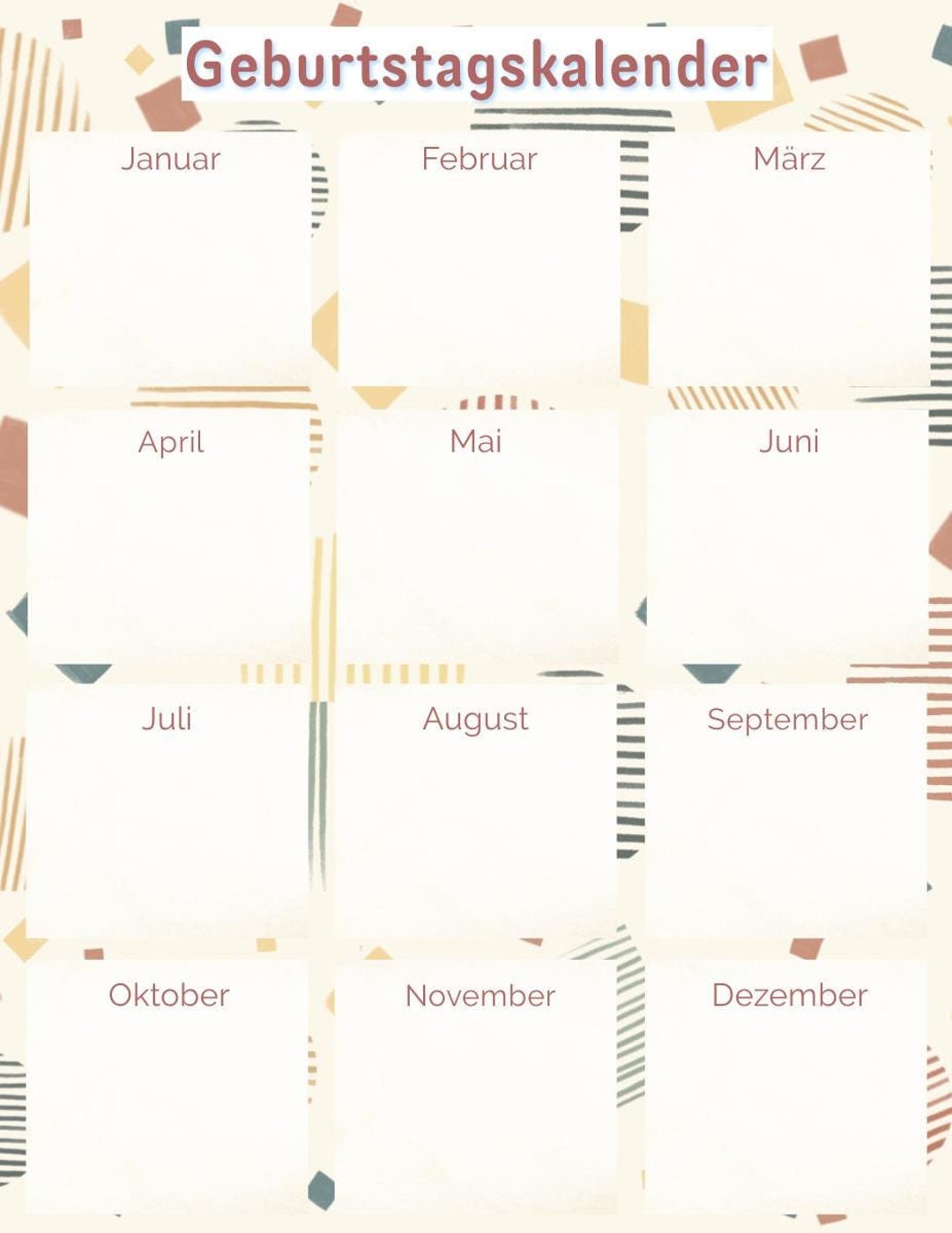  Geburtstagskalender Zum Ausdrucken, PDF A4 Hochformat, Sofort-download Illustration 