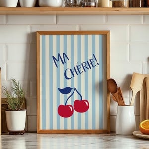 Ma Chérie Poster – French Cherry Typography Print, Retro Kitchen Wall Art with Blue Stripes