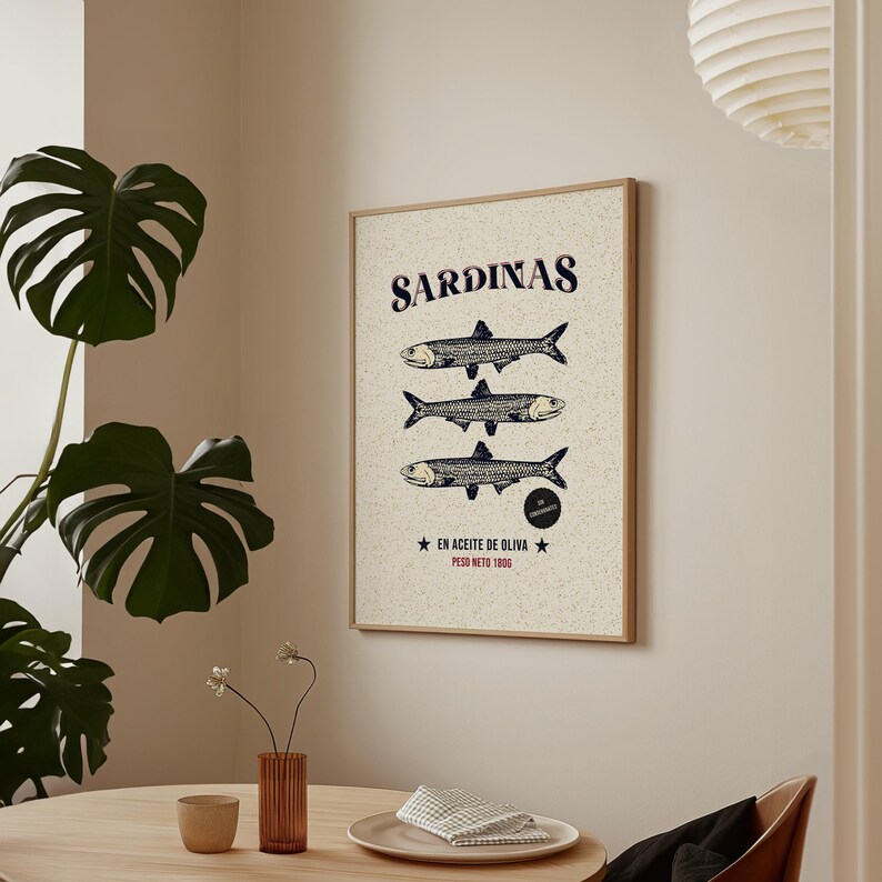 Vintage-style sardine poster with hand-drawn fish illustration, retro Spanish label typography, in aged cream, teal and rust tones.