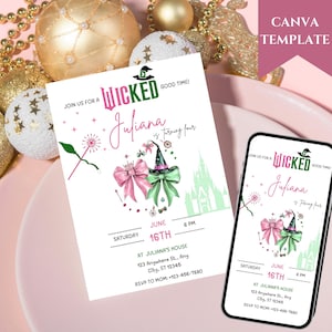 Convite para festa de aniversário Wicked, convite para festa Wicked, ingresso para filme inspirado em WICKED, tema Elphaba e Glinda, festa de filme, Canva editável