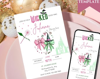 Wicked Birthday Party Invitation, Wicked party invitation, WICKED inspired Movie ticket, Elphaba & Glinda Theme, Movie party, Canva Editable