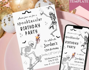 Skeleton Halloween Birthday Party Invitation (Instant Download)