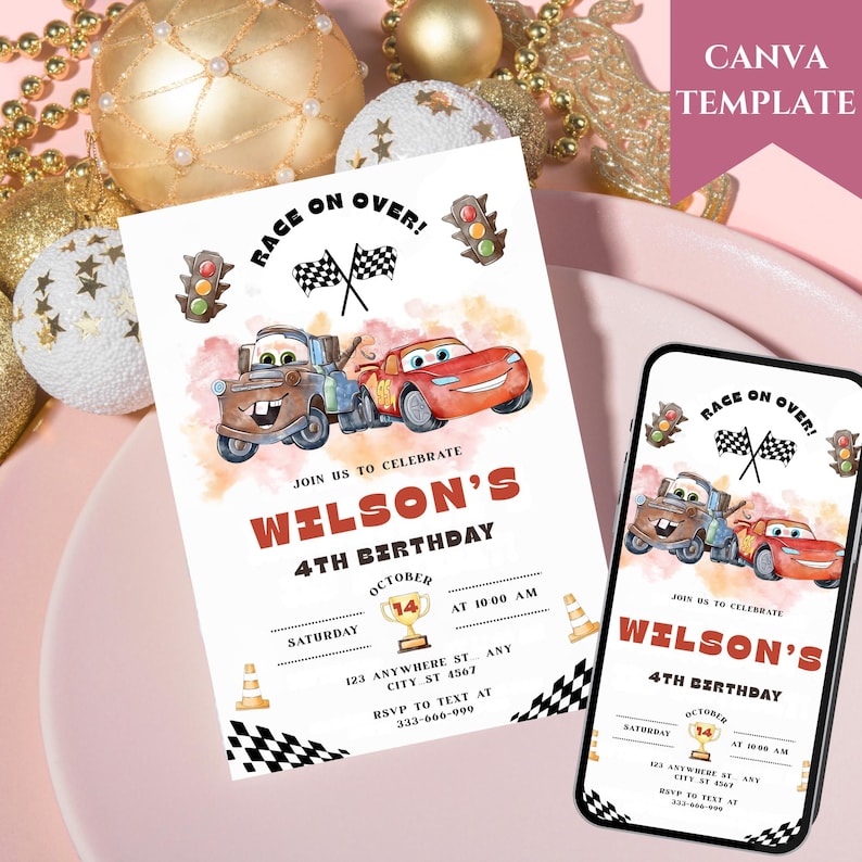 May include: A birthday invitation featuring cartoon cars, traffic lights, and checkered flags. The invitation reads "Race on Over!" and includes details for a 4th birthday celebration, including the name "Wilson's", date, time, and RSVP information.