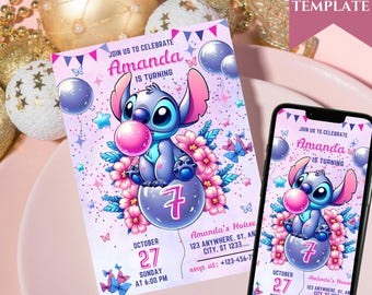 Editable Stitch Birthday Invitation, Custom Canva Template (Digital)