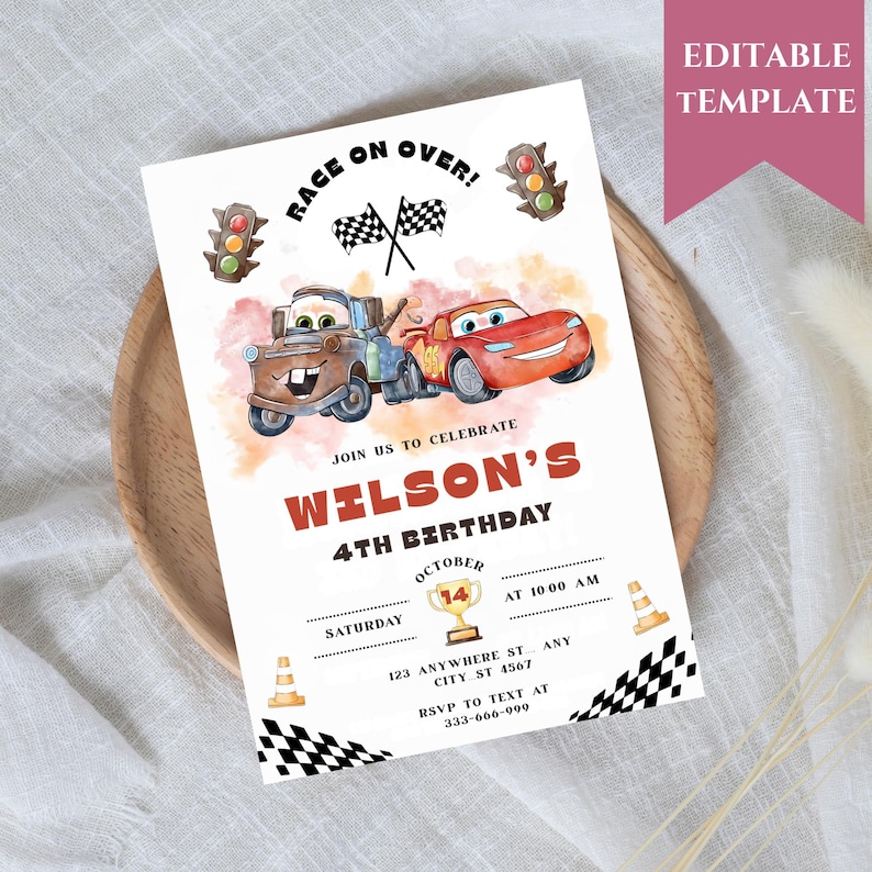 May include: A white invitation card with a watercolor illustration of two cartoon cars, traffic lights, and checkered flags. The text reads "RACE ON OVER!" and "WILSON'S 4TH BIRTHDAY". Includes event details and RSVP information.