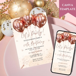 50th Birthday Invitation Printable Rose Gold Balloons Fifty and Fabulous Dinner Party Invite for Ladies Editable Digital Download