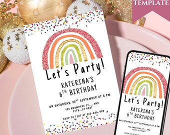 Rainbow birthday invite, Magical Girl invite, Pastel Rainbow invite, Boho Birthday Invite, Watercolor rainbow Invite, Rainbow Gift Tag