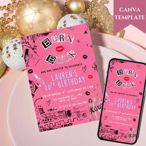 Invitación de cumpleaños inspirada en Chicas Pesadas, Fiesta de Noche de Chicas Pesadas, Invitación rosa de Chicas Pesadas para Noche de Chicas (18-21 años), Plantilla editable de Canva
