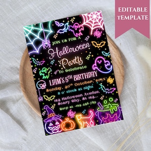 May include: A Halloween party invitation with neon-style illustrations of bats, ghosts, spiders, and pumpkins on a black background. The invitation includes the text "Join us for a Halloween Party" and event details.
