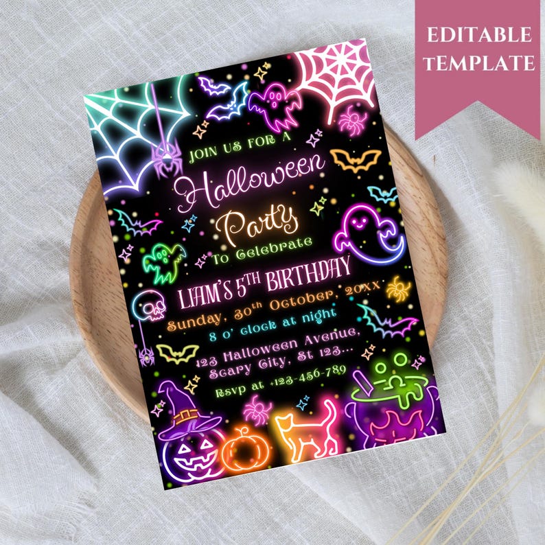 May include: A Halloween party invitation with neon-style illustrations of bats, ghosts, spiders, and pumpkins on a black background. The invitation includes the text "Join us for a Halloween Party" and event details.