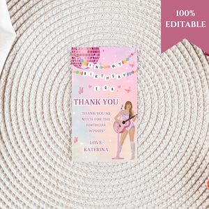 May include: Pink and white thank you card with a drawing of a woman holding a guitar. The card says "In My Birthday Era" and "Thank You" with a message of appreciation for birthday wishes. The card is signed "Love: Katerina".