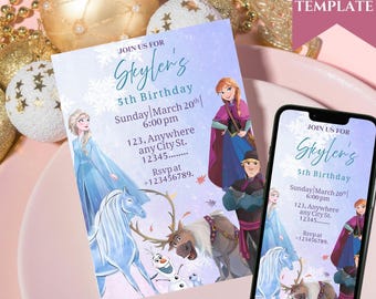 Frozen 4th Birthday Invitation, Elsa & Anna Theme (Editable)