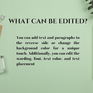 May include: Text on a green background that reads "WHAT CAN BE EDITED?"  You can add text and paragraphs to the reverse side or change the background color for a unique touch. Additionally, you can edit the wording, font, text color, and text placement.