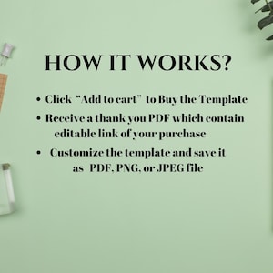 May include: A green background with white text explaining how to buy and customize a digital template. The text reads: "HOW IT WORKS? &bull; Click "Add to cart" to Buy the Template &bull; Receive a thank you PDF which contain editable link of your purchase &bull; Customize the template and save it as PDF, PNG, or JPEG file"