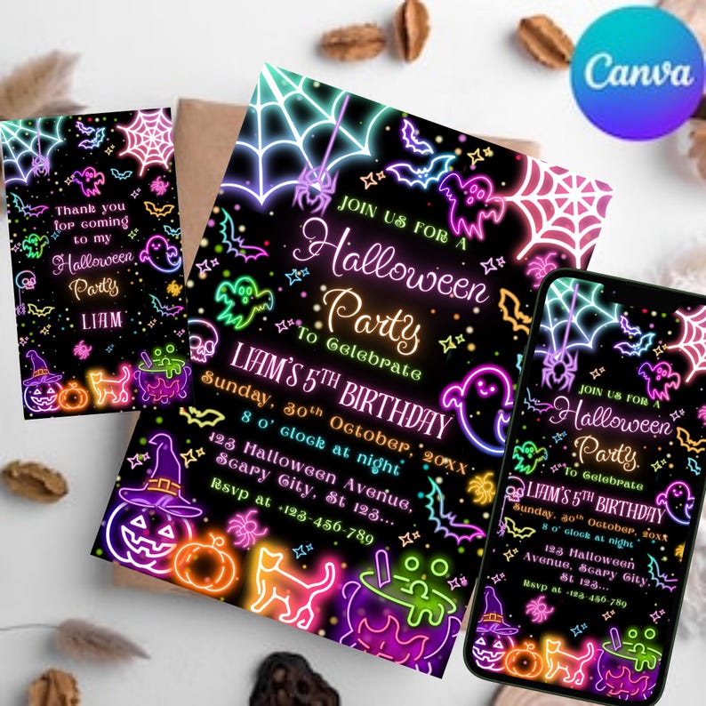 May include: Halloween party invitations with neon-style graphics. The invitations feature a black background with colorful illustrations of ghosts, bats, spiders, and pumpkins. The text reads "Join us for a Halloween Party" and includes party details.