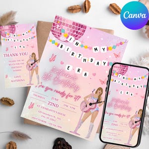 May include: Pink and white birthday invitation with a disco ball, butterflies, and a girl holding a guitar. The text reads "In My Birthday Era L'aterina's 8th Birthday Are you ready for it!" with the date and time of the party.
