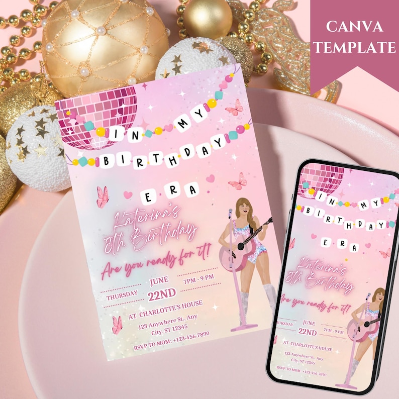 May include: Pink and white birthday invitation with a disco ball, butterflies, and a girl holding a guitar. The text reads "In My Birthday Era" and "Caterina's 8th Birthday". The invitation includes the date, time, and location of the party.