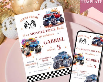 Editable Monster Truck birthday Invitation, Trex Shark Monster Trucks, Vintage invite, Digital Invite, Printable Template, Canva invitation