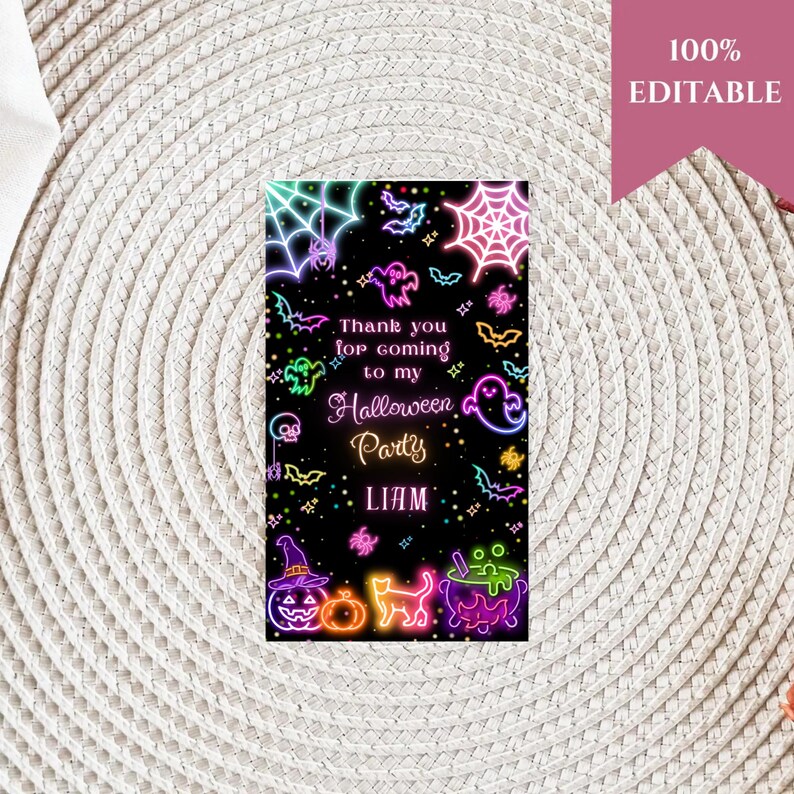 May include: A black Halloween party invitation with neon illustrations of bats, ghosts, spiders, and a cauldron. The text reads "Thank you for coming to my Halloween Party Liam."