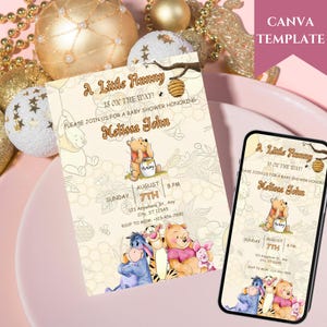Inviti per baby shower a tema Winnie the Pooh. Invito classico con orsetto Pooh, unisex. Modello stampabile beige vintage con orsetto Pooh.